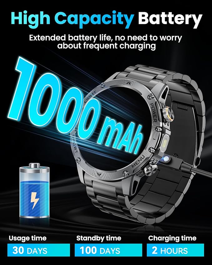 Military Smart Watches for Men, 1.7″ Smartwatch with 1000 mAh Battery/2 Straps/Led Flashlight/Heart Rate/Sleep Monitor 100+ Sport Modes, Answer/Make Calls Fitness Watch for Android/iPhone