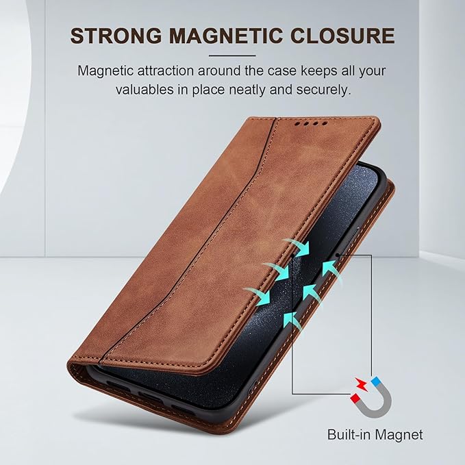 Jasonyu Flip Wallet Case for iPhone 15 Pro,Leather Magnetic Folio Cover with Card Holder,Kickstand - TPU Shockproof Durable Protective Phone Case,Brown