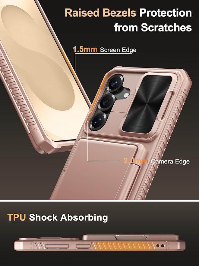 Vihibii for Samsung Galaxy S25+ Plus Case with Card Holder (4 Cards), [RFID Blocking] & Slide Camera Cover, Military Grade Drop Protection, Rugged Wallet Case for Galaxy S25+ Plus 6.7" 5g, Rose Gold