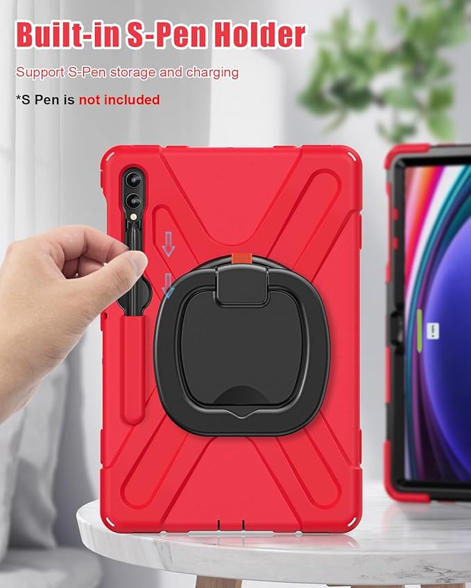 BRAECN Case for Samsung Galaxy Tab S10+/S9 FE+/S9+ 12.4” 2024 SM-X820/X610/X810, Shockproof Silicone Case with Screen Protector/S Pen Holder/Shoulder Strap/Kickstand for Galaxy Tab S8+/S7 FE/S7+,Red