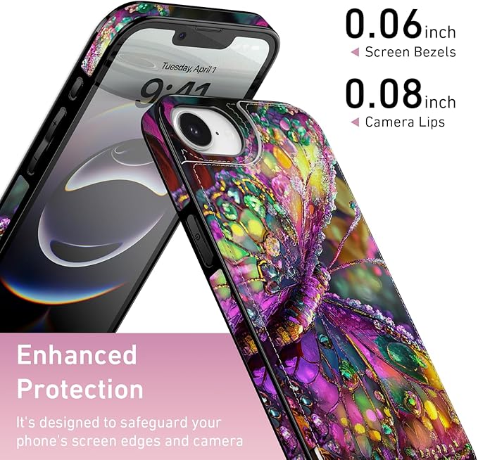 FUNMIKO for iPhone 16e Wallet Case with Card Holder, RFID-Blocking, Military-Grade Protection & UV-Printed Artwork, Magnetic Closure with Leather Kickstand - Vibrant Elegant Butterfly