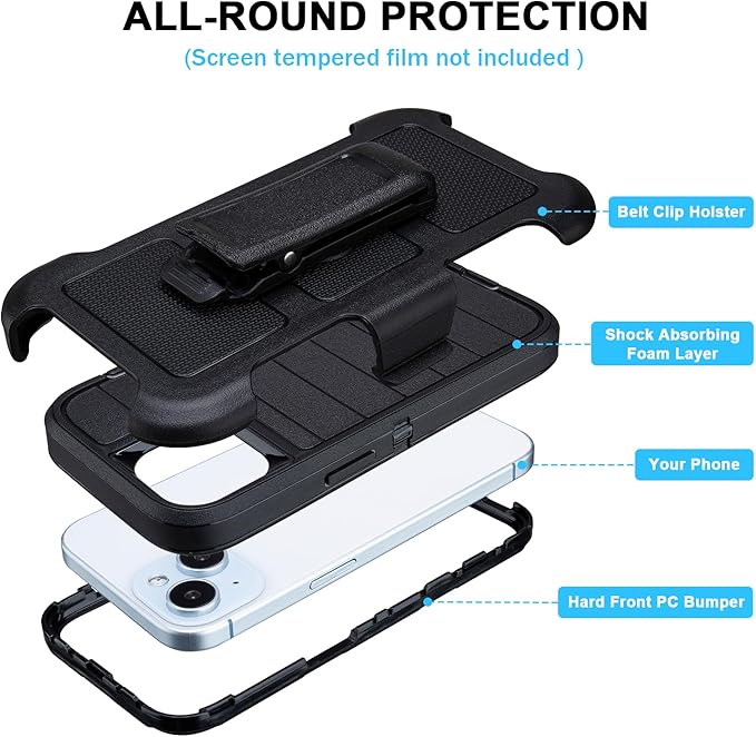 for Black Case iPhone 15 Case with Belt Clip, for Shockproof Case iPhone 15 Heavy Duty,3 Layers of Sturdy,Anti-Drop,Military-Grade Defender Cover for iPhone15Case Black