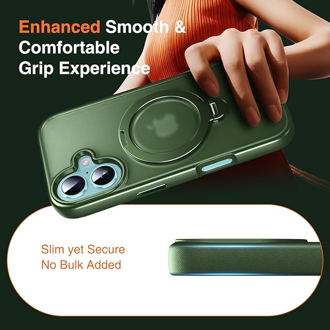 360° O-Ring MagStander for iPhone 16 Case with Magnetic Kickstand Ring Holder [Compatible with MagSafe][360°Rotate Stand Ring][Military Shockproof] Magnet iPhone 16 Phone Cover Matte Green