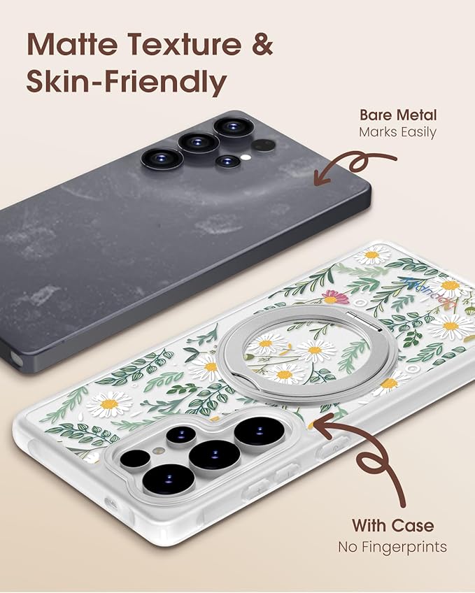 for Samsung Galaxy S25 Ultra Case with 360° Rotatable Magnetic Ring - Compatible with MagSafe, Semi-Transparent Soft-Touch Material Shockproof, Cute Daisy Flower Design for Women Girl