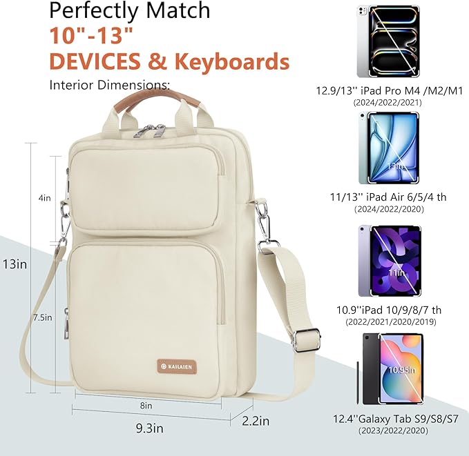 10-13 Inch Tablet Sleeve Bag, Ipad Bag for 13 In/11 in New iPad Pro M4 & 13 in Air M2 2024,iPad Pro 12.9 M2&M1,Ipad 10.9,Galaxy Tab S8+/S9+ 12.4,with Removable Shoulder Strap (Beige)
