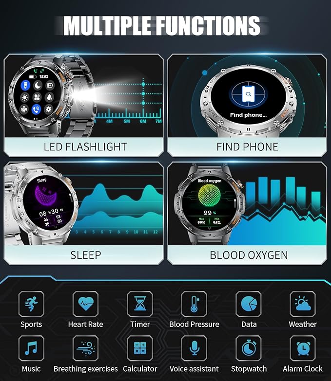 Military Smart Watch for Men, Flashlight 100+ Sports Modes Fitness Tracker Smartwatch, 1.43'' AMOLED Display, 5ATM Waterproof/Sleep Monitor, Mens Smart Watches for Android iOS