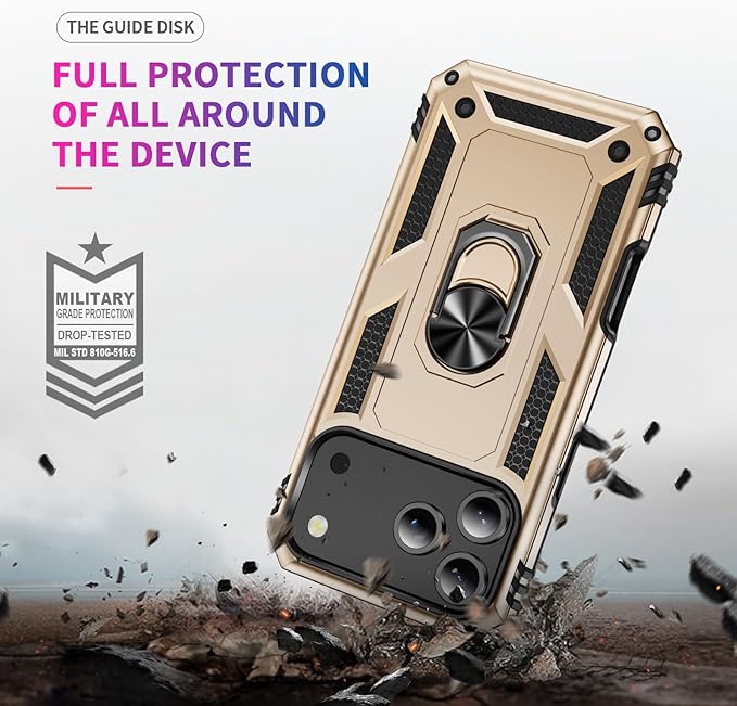 ADDIT Compatible with iPhone 17 Pro Case with Tempered Glass Screen Protector, Adjustable Kickstand Ring, Military-Grade Heavy Duty Protection, Shockproof, Anti-Fingerprint,Gold