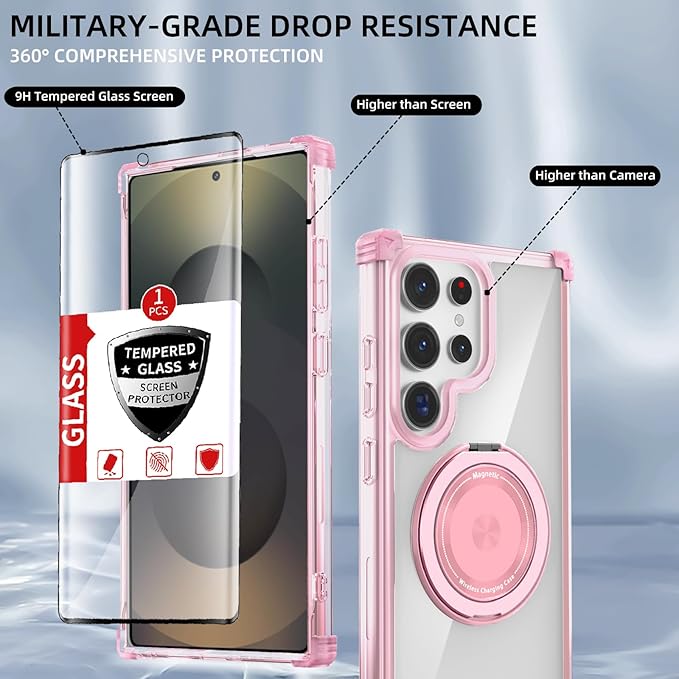 for Samsung Galaxy S25 Ultra Case Compatible with MagSafe Magnetic,with Screen Protector,with Kickstand Ring Military Grade Drop Heavy Duty Protection Shockproof for S25 Ultra Phone Case Pink