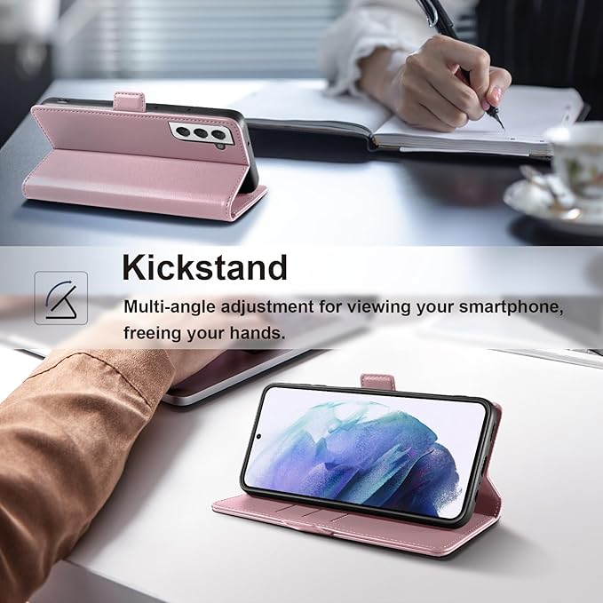 Wallet Flip Case for Samsung Galaxy S21 5G - [RFID Blocking] Luxury PU Leather Card Holder Magnetic Phone Cover with Kickstand,Shockproof Protective Case,Pink