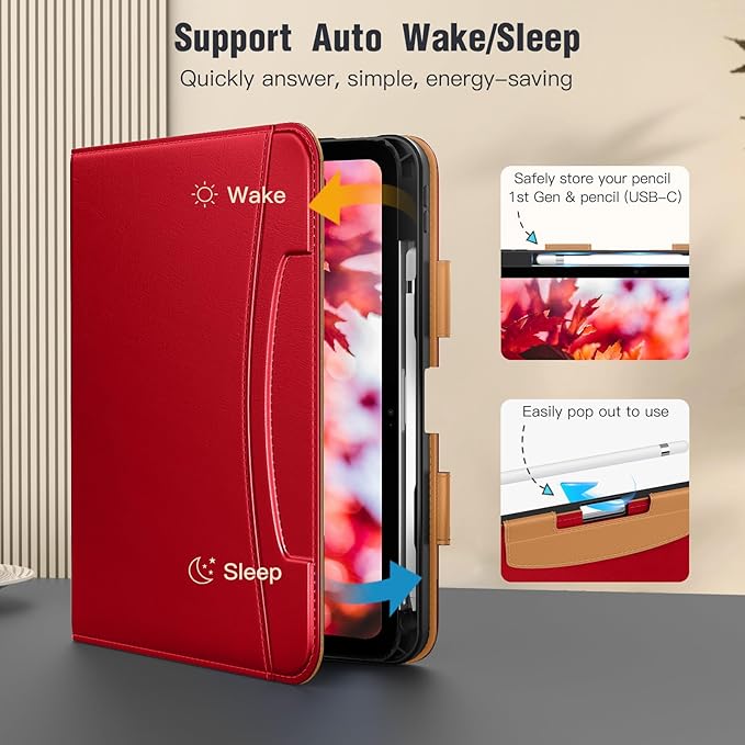 MoKo for iPad (A16) 11th Generation Case 11 inch 2025, iPad 10th Generation Case 10.9" 2022 with Pencil Holder & Pocket, Premium Leather Folio Stand Cover, Multiple Viewing Angles, Red