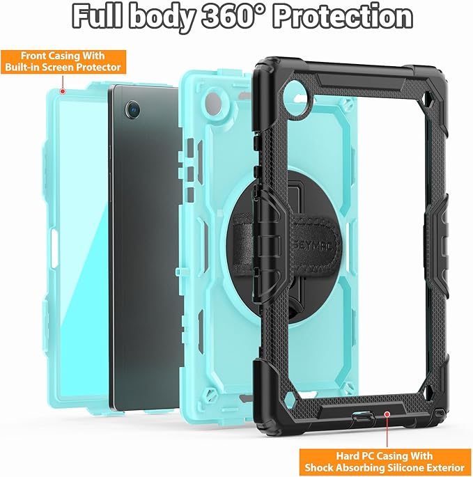 SEYMAC for Samsung Galaxy Tab A8 Case 10.5 (SM-X200/ X205/ X207), Heavy Duty Full-Body Shockproof Protective Case with Screen Protector, Rotating Stand, Hand/Shoulder Strap and Pen Holder, Sky Blue