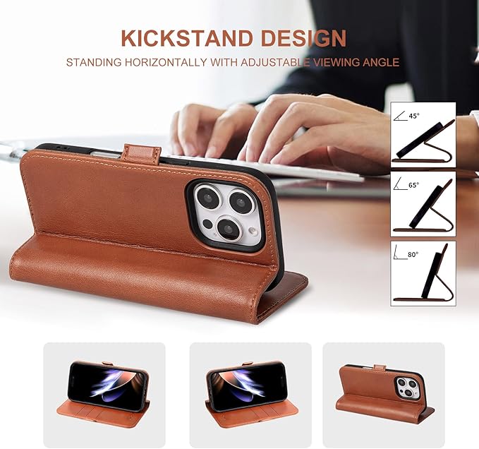 Case for iPhone 16 Pro Max 5G 2024-Genuine Leather Folio Wallet Magnetic Kickstand RFID Blocking Card Slots Shock-Absorbent Phone Cover Compatible with iPhone 16 Pro Max 6.9" (Brown)