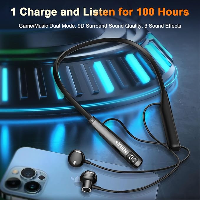 Wireless Earbuds with LED Power, Running Ear Buds 100 Hours Playtime, semi-in-Ear Bluetooth Headphones with Microphone for Running and Exercising in The Gym (Y10L)