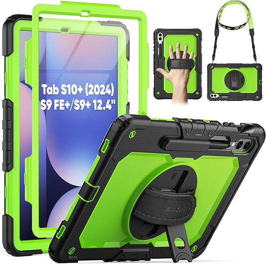 SEYMAC Case for Samsung Galaxy Tab S10+ Plus 2024/S9 FE+/S9+ 12.4" 2023, Heavy Duty Shockproof Protective Case With Screen Protector, Stand, Hand/Shoulder Strap and Pen Holder, Green