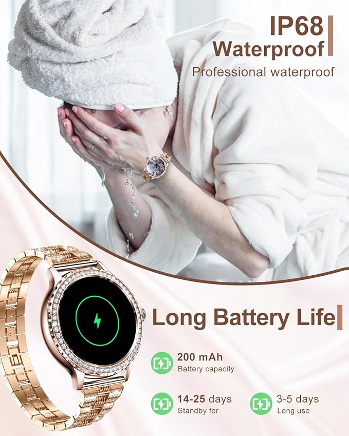 Smart Watches for Women (Answer/Make Call) with Diamonds, 1.3”HD Screen Bluetooth Smartwatch for Android iOS Phones, IP68 Waterproof Fitness Activity