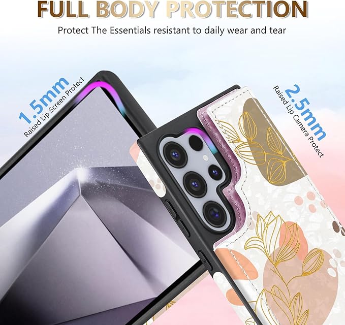 NNH Compatible with Samsung Galaxy S25 Ultra Wallet Case with RFID Blocking Card Slots Folio Flip PU Leather Double Magnetic Clasp Design Cover for Galaxy S25 Ultra(6.8 inch-Morandi Line Flower)