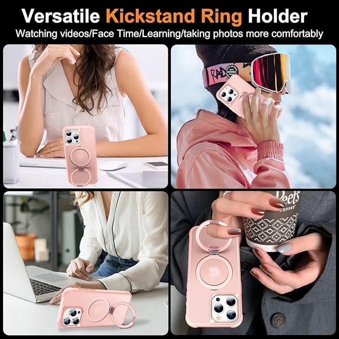 Magnetic Compatible with iPhone 16 Pro Case with Stand [Military Grade Drop Tested][Compatible with Magnet] Ring Translucent Slim Hard Back Soft Edge, Pink