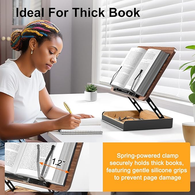 Book Stand with Storage, Book Holder for Reading Hands Free, Wooden Cookbook Stand for Kitchen Counter, Adjustable Reading Stand for Desk, Recipe Stand, Book Prop for Book Lovers
