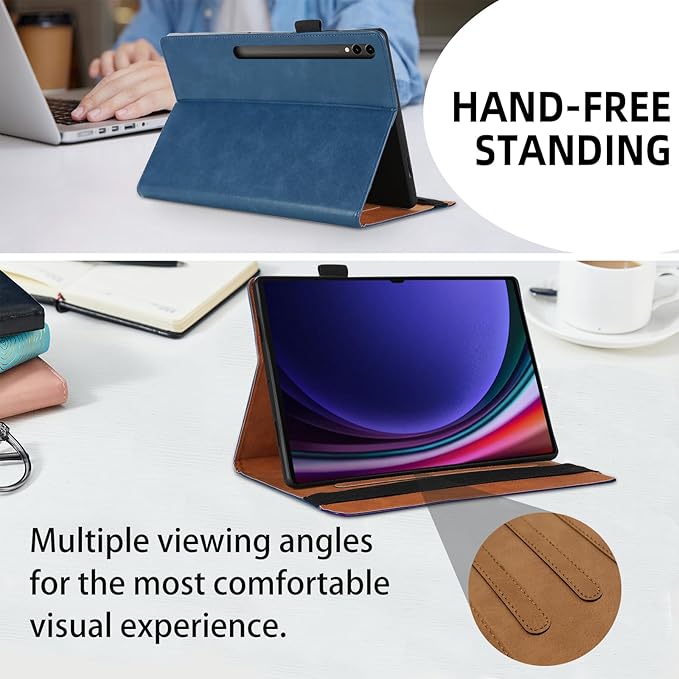 Case for Samsung Galaxy S10 Ultra 2024/Tab S9 Ultra 2023/ Tab S8 Ultra 2022 14.6 inch, Business PU Leather with Card Slot Pen Holder Multi-Angle Stand for Model SM-X920/X900/X910-Navy Blue