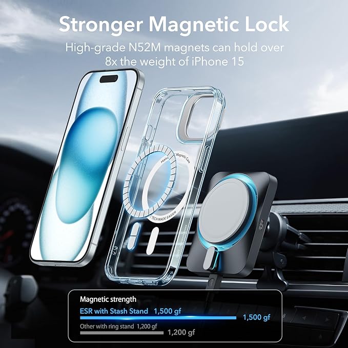 ESR for iPhone 15 Plus Case, Compatible with MagSafe, Military-Grade Protective Case, Built-in Stash Stand Phone Case, Scratch-Resistant Back Cover, Classic Series, Clear Blue