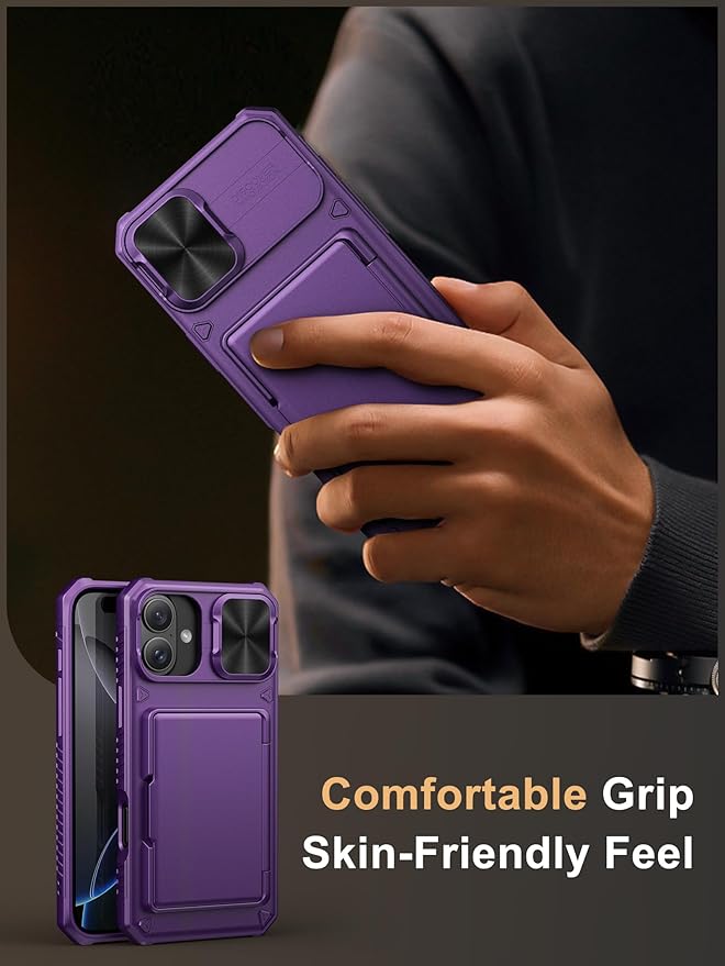 Vihibii for iPhone 16 Plus Case Wallet with Card Holder (4 Cards) [RFID Blocking] & Slide Camera Cover, Military Grade Drop Protection, Hard Back & Silicone Edge Phone Cover, 6.7" 2024, Dark Purple