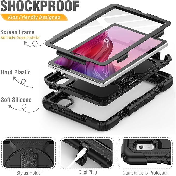 HXCASEAC Case for Lenovo Tab M9 2024/2023 (TB-310FU), with Screen Protector/Rotating Hand Strap/Sturdy Stand, Protective Cover for Lenovo M9 Tablet Case 9 inch, Black