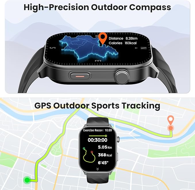 Smart Watch for Men Women Built-in GPS Fitness Tracker, 2.01" HD Touchscreen(Answer/Make Calls), 110+ Sport Modes with Heart Rate/SpO2/Sleep Monitor/, Compass, 1 ATM Waterproof, for Android iOS, Black