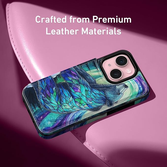 FUNMIKO for iPhone 14 Wallet Case with Card Holder, RFID-Blocking, Military-Grade Protection & UV-Printed Artwork, Magnetic Closure with Leather Kickstand - Prismatic Aurora Bear