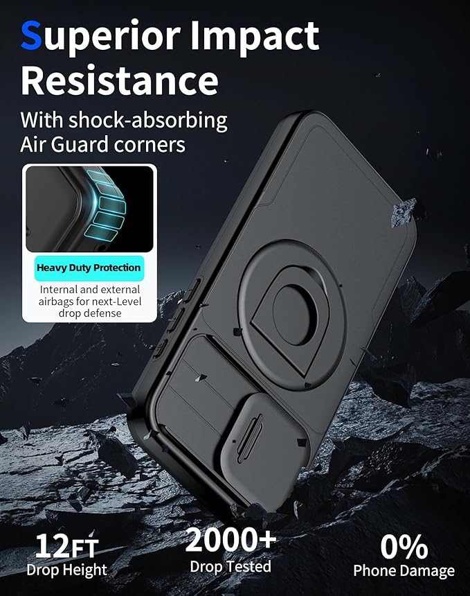 for iPhone 15 Pro Case Magnetic Compatible with MagSafe Wireless Charging with 2 Screen Protectors,Built-in Kickstand Ring Camera Heavy Duty Protection Military Grade Drop Shockproof Black