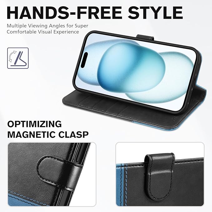 TUCCH Case Wallet for iPhone 15 6.1", Protective [TPU Shockproof Inner Shell], PU Leather [RFID Blocking] [4 Card Holder] Magnetic Closure Stand Cover Compatible with iPhone 15 6.1", Black&Light Blue