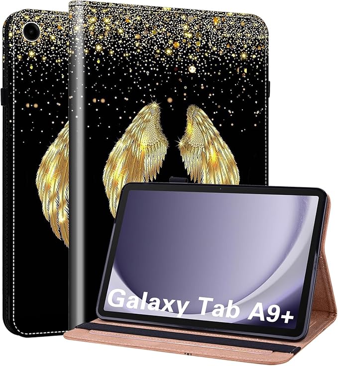 ALILANG Case for Samsung Galaxy Tab A9 Plus 11 Inch Case 2023 with Stylus, Shockproof Folding Stand Cover for Samsung Tab A9+ (SM-X210/X216/X218) Tablet Cases -Gold Wings