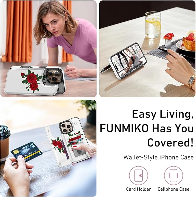 FUNMIKO for iPhone 16 Pro Wallet Case with Card Holder, RFID-Blocking, Military-Grade Protection & UV-Printed Artwork, Magnetic Closure with Leather Kickstand - Blooming Red Rose