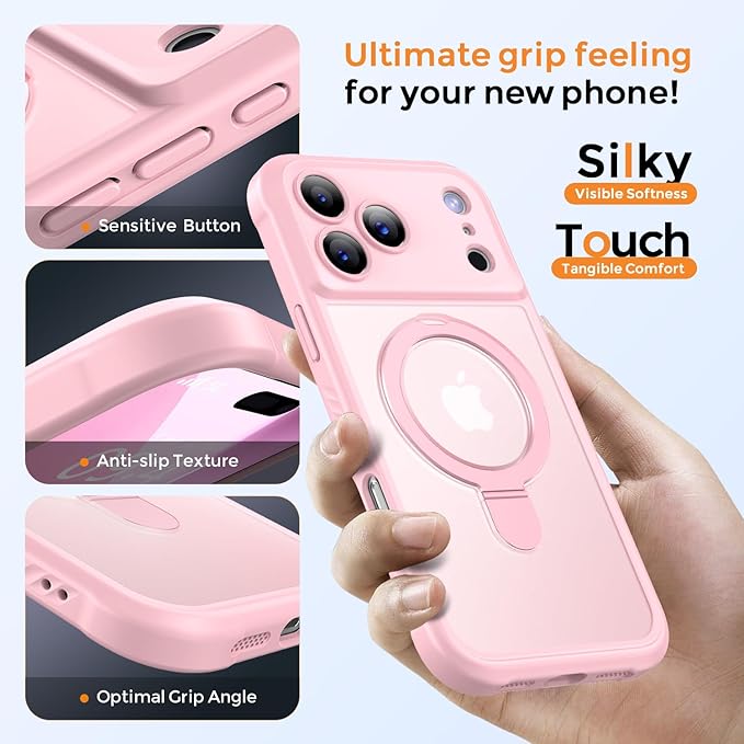 MOCCA Compatible with iPhone 17 Pro Max Case with Magnetic Invisible Stand [Full Camera Protection] [Compatible with Magsafe] Military Drop Shockproof Translucent Matte Phone Case Cover 6.9",Pink