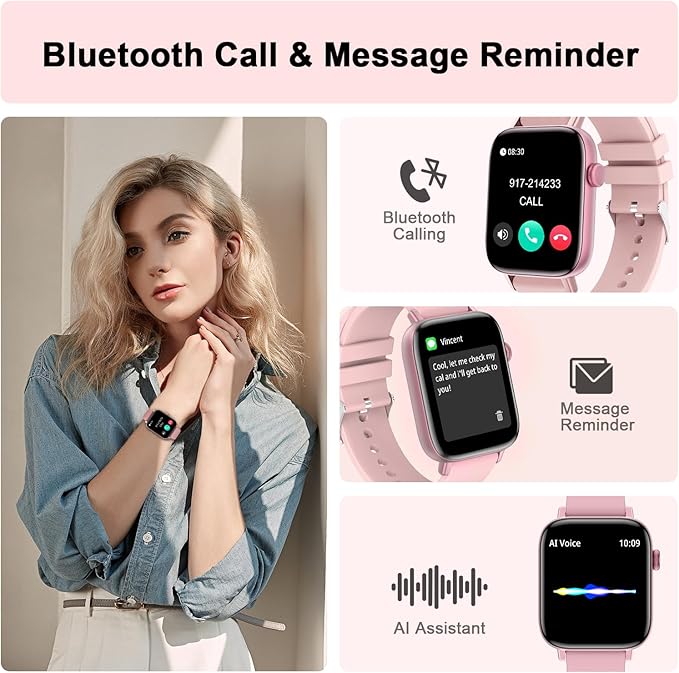 Smart Watch for Android iPhone-Call Receive/Dial/Read Message/AI Control-1.9" HD Screen-IP67 Waterproof Fitness Smartwatch-Blood Pressure/Heart Rate/SpO2/Sleep Monitor (Light Pink)