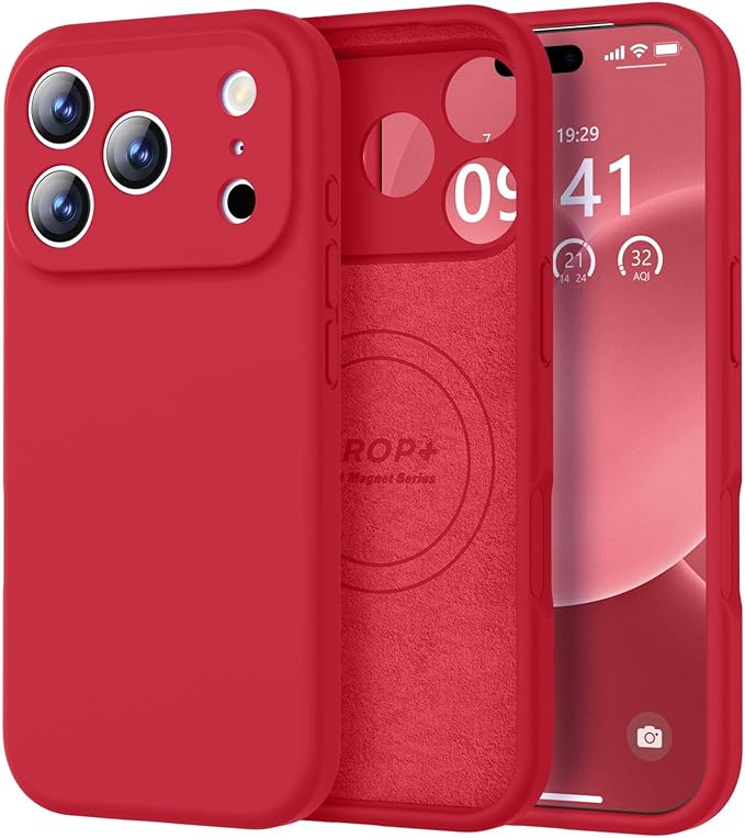 Vooii Magnetic Compatible with iPhone 17 Pro Case (Compatible with Magsafe) (Upgraded Camera Protection) Liquid Silicone Shockproof Full Body Protective Phone Cover for Women Men, Red, 6.3”