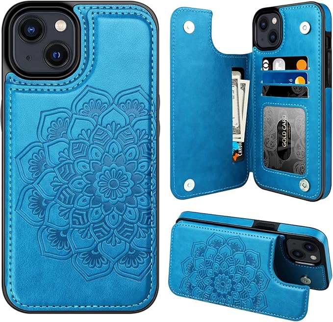 MMHUO for iPhone 15 Plus Case with Card Holder,Flower Magnetic Buttons Protective Wallet Case for Women for iPhone 15 Plus,Blue