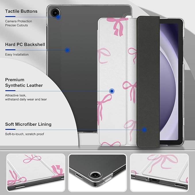 DONGKE Case for Samsung Galaxy Tab A9+/A9 Plus 11 inch 2024 2023 (SM-X210/X216/X218), Slim Stand Hard PC Translucent Back Shell Smart Cover, Auto Wake/Sleep - Pink Bows