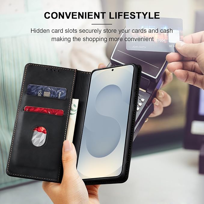 Jasonyu Flip Wallet Case for Samsung Galaxy S25 Plus/S25+,Leather Magnetic Folio Cover with Card Holder,Kickstand - TPU Shockproof Durable Protective Phone Case,Black