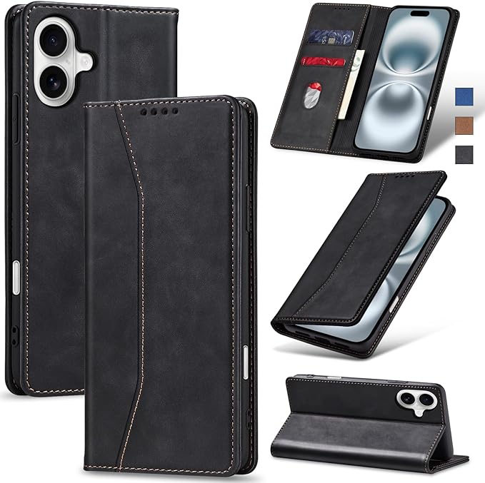 Jasonyu Flip Wallet Case for iPhone 16,Leather Magnetic Folio Cover with Card Holder,Kickstand - TPU Shockproof Durable Protective Phone Case,Black