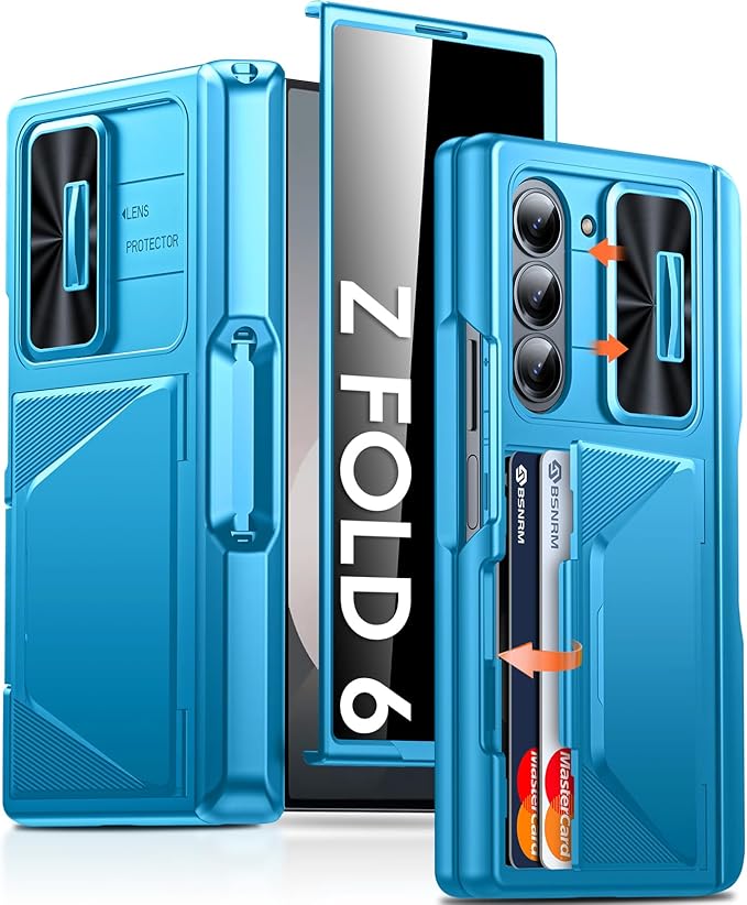 for Samsung Galaxy Z Fold 6 Case with Card Holder RFID Blocking & S Pen Holder & Slide Camera Cover & Hinge Protection & Privacy Screen Protector, Shockproof Wallet Case for Z fold 6,Lake Blue