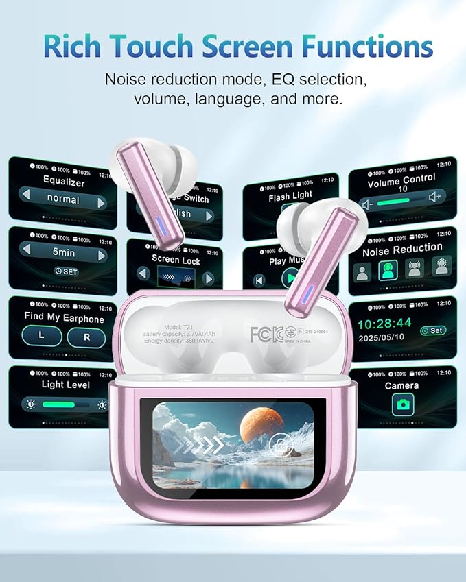 Wireless Earbuds Bluetooth Headphones, Ear Buds with Touch Screen, ANC ENC Noise Cancelling Transparency Mode, 40H Stereo Deep Bass, IPX7 Waterproof, Clear Calls, 5 EQ for iOS Android (Pink)
