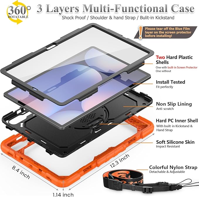 SEYMAC stock Case for Samsung Galaxy Tab S10 Plus/ S9 FE Plus/ S9 Plus 5G Tablet 12.4'' Case with Screen Protector Pencil Holder [360 Rotating Hand Strap] &Stand, Drop-Proof, Orange1