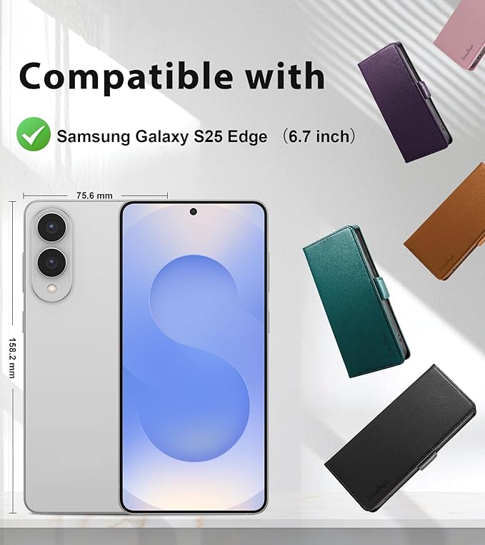 Wallet Flip Case for Samsung Galaxy S25 Edge 5G - [RFID Blocking] Luxury PU Leather Card Holder Magnetic Phone Cover with Kickstand,Shockproof Protective Case,Purple