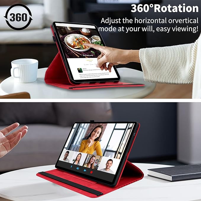 Case for Samsung Galaxy Tab S10 FE Plus 13.1 Inch 2025 (SM-X620/X626),360 Degree Rotating PU Leather Folio Protective Cover with Auto Sleep/Wake,Card Holder&Shoulder Strap for Woman Man,Red