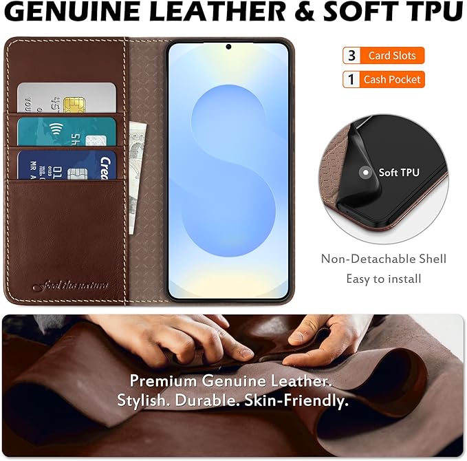 SHIELDON Wallet Case for Galaxy S25 Edge 2025, Genuine Leather Case with RFID Blocking Credit Card Holder Kickstand Magnetic Folio Protective Cover Compatible with Galaxy S25 Edge 6.7" - Retro Coffee