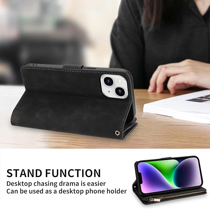ZZXX for iPhone 14 Plus Case Wallet with [RFID Blocking] Card Slot Premium Soft PU Leather Zipper Flip Folio with Wrist Strap Kickstand Protective Cover for iPhone 14 Plus Wallet Case(Black-6.7 inch)