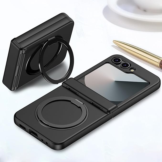 Magnetic Case for Samsung Galaxy Z Flip 6 Compatible with Magsafe, Built-in Kickstand & TPU Hinge Protection Flip 6 Case, Matte PC Cover Ultra Shockproof Phone Case for Z Flip6 (Black)