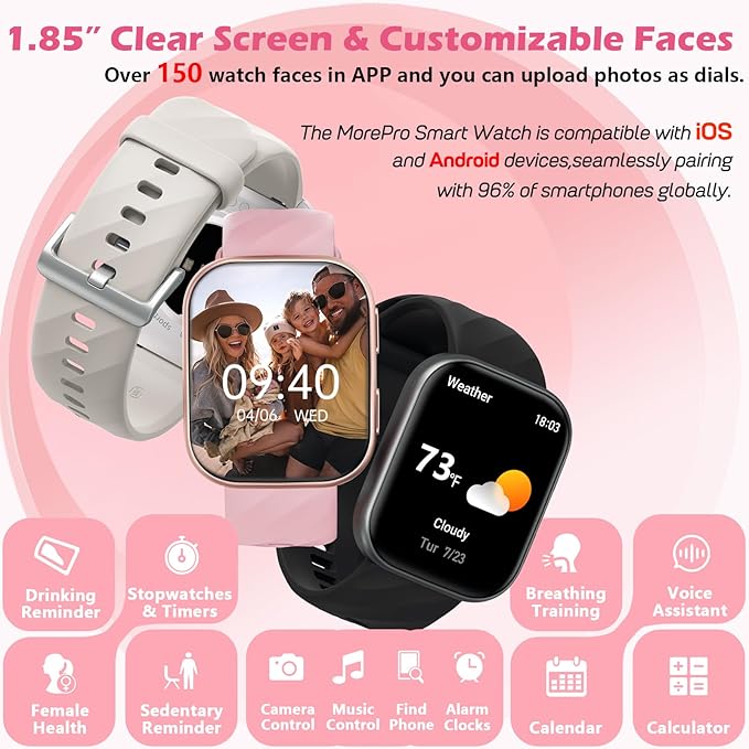 MorePro Smart Watch for Women Men (Make/Answer Call), 1.85" Smartwatch with 24/7 Heart Rate & Blood Pressure Monitor, Blood Oxy-gen Sleep Tracking, 120+ Sports Fitness Trackers for iPhone Android