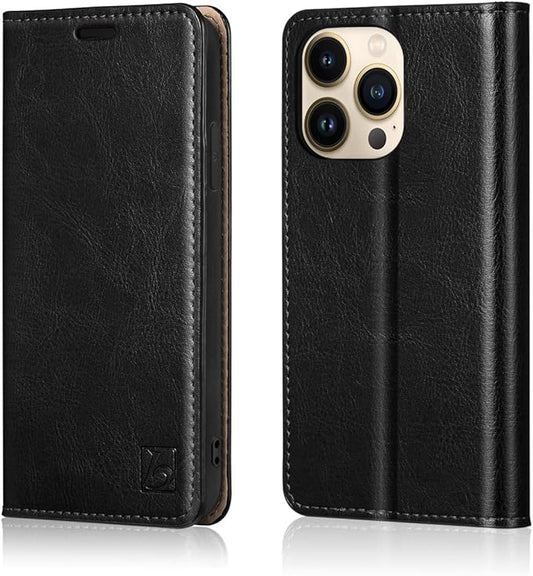 Belemay Compatible with iPhone 14 Pro Max Case Wallet-Genuine Leather Flip Case-RFID Blocking Card Holders-Shockproof TPU Shell Folio Cover Women Men Compatible with iPhone 14 Pro Max (6.7-inch) Black