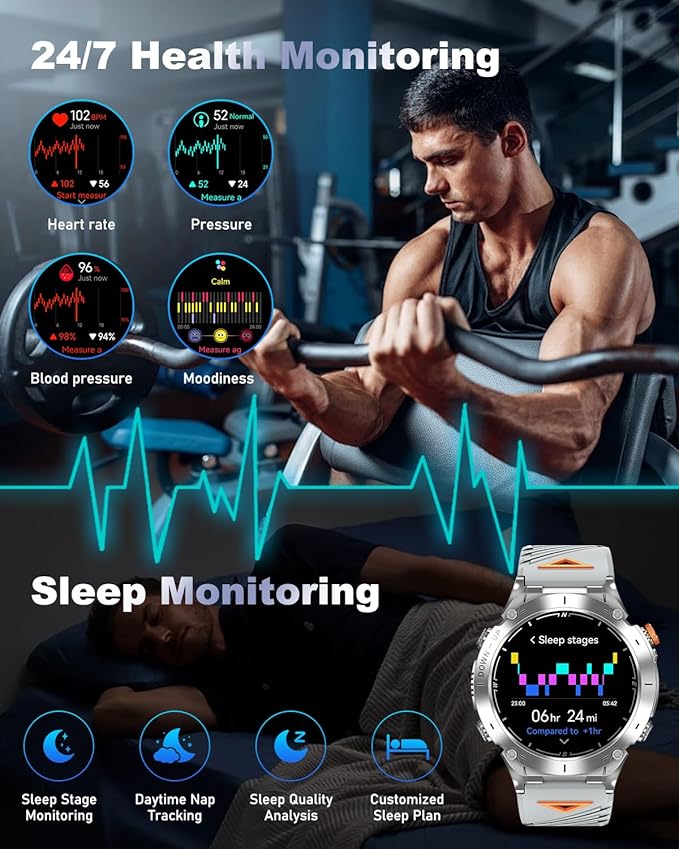 GPS Military Smart Watch for Men with Bluetooth Call, 1.43" AMOLED Waterproof Fitness Tracker with Heart Rate/Sleep Monitor/Flashlight, 170+ Sports Modes, 730mAh Battery for Android/iOS